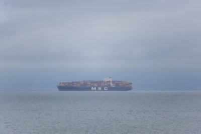 A cargo ship loaded with containers sailing across a calm ocean at sunset.