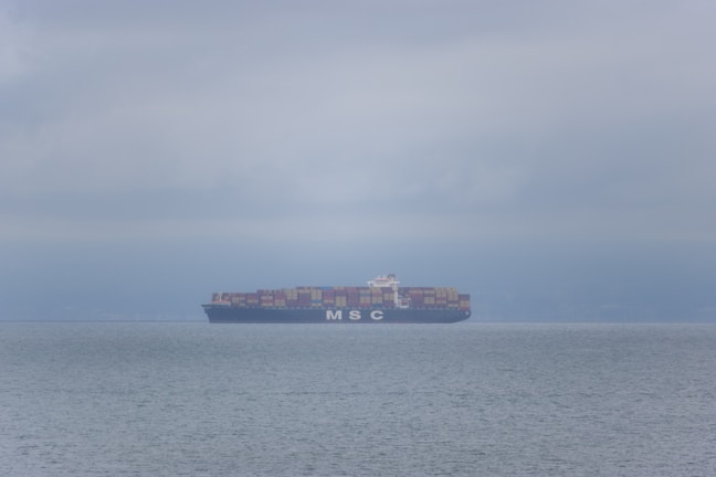 A cargo ship loaded with containers sailing across calm blue waters at sunset.