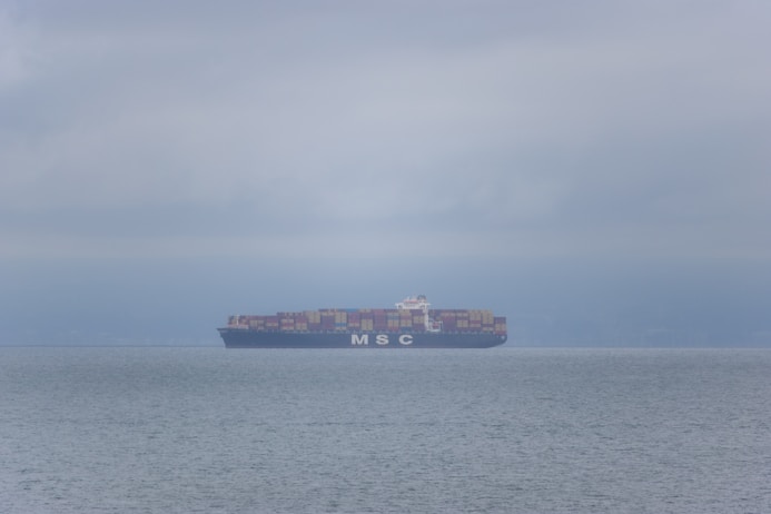 A modern cargo ship loaded with containers sailing across a calm sea under a clear sky.