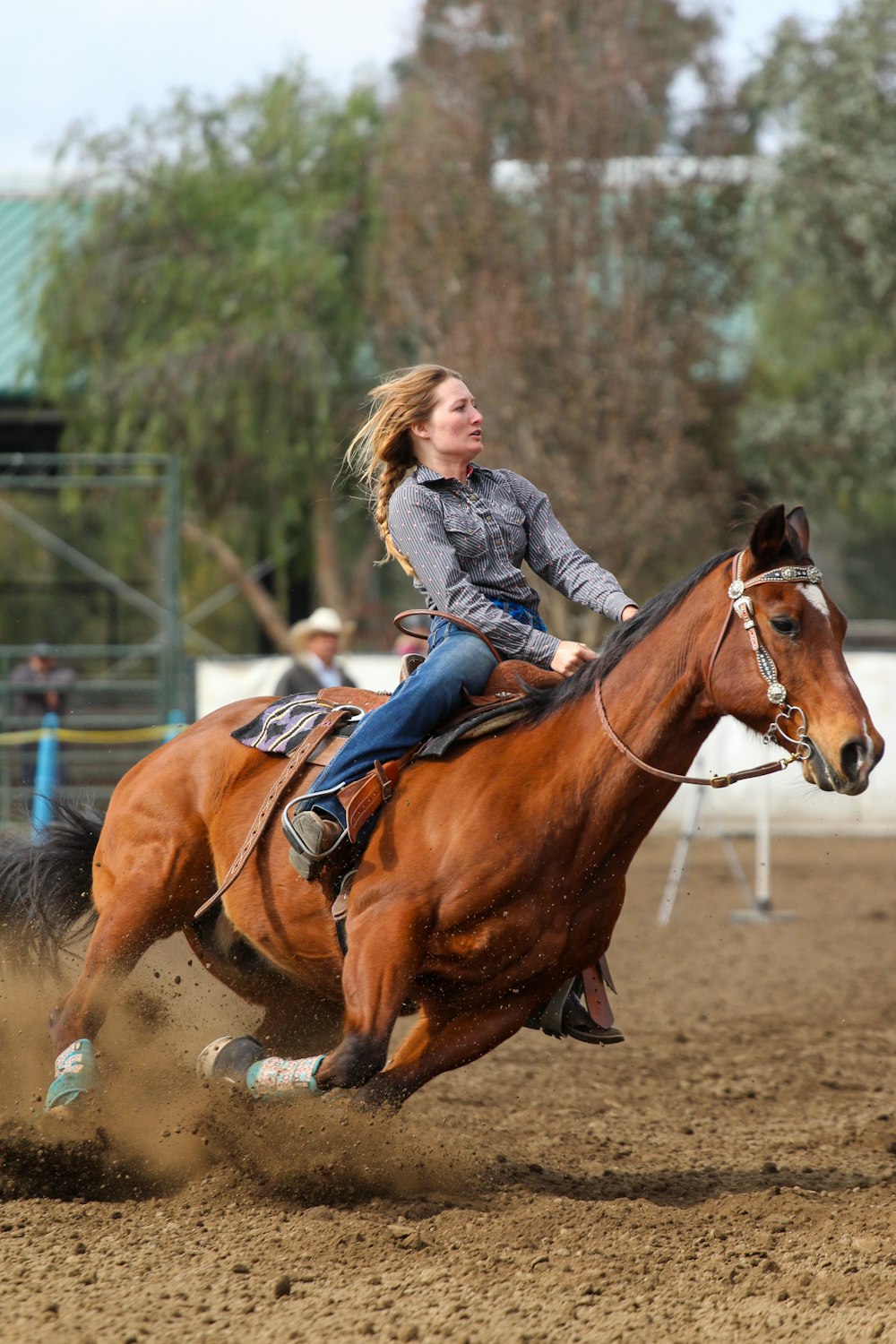 Chica con chaqueta de mezclilla azul montando caballo marrón durante el día