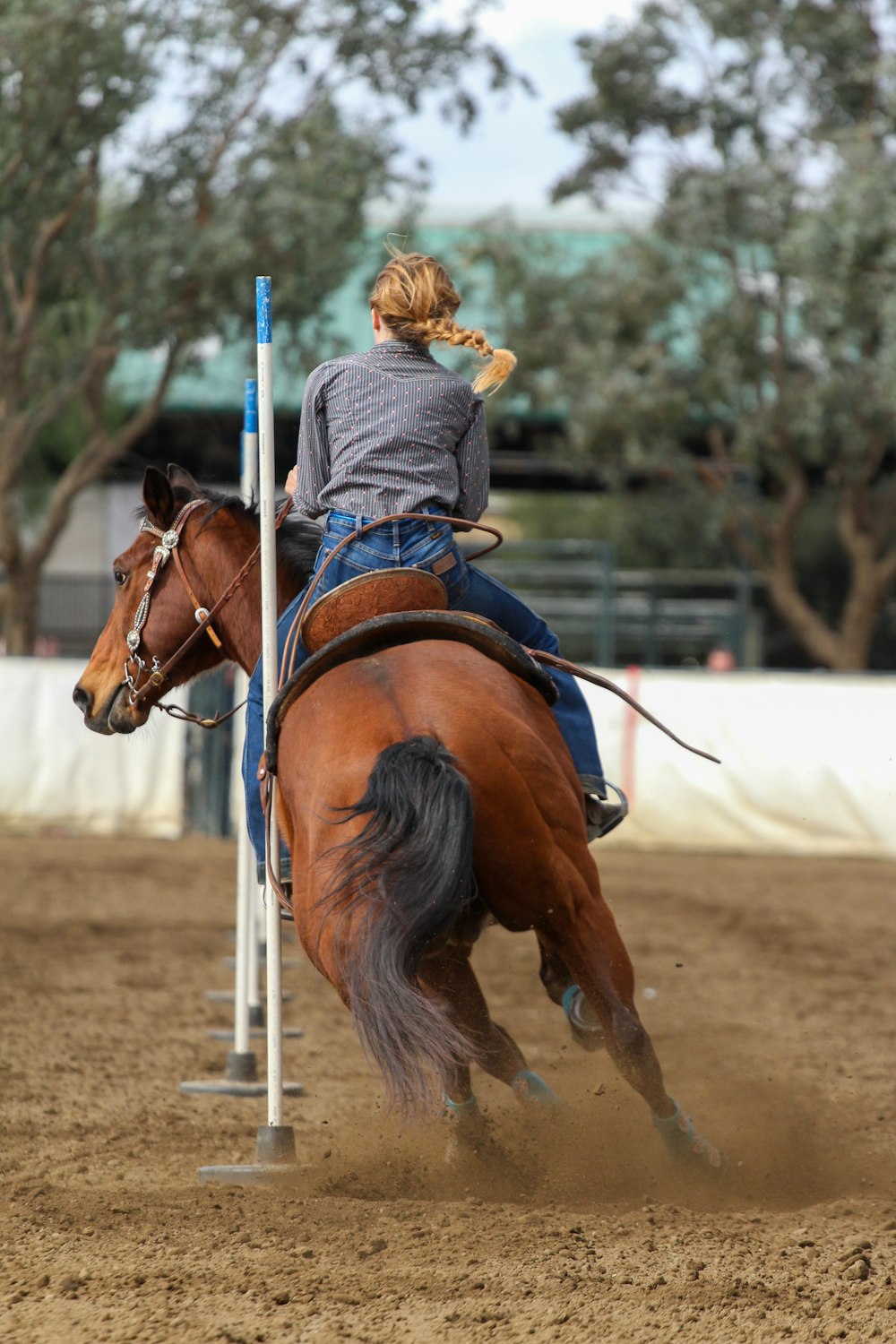 girl in blue denim jacket riding brown horse during daytime