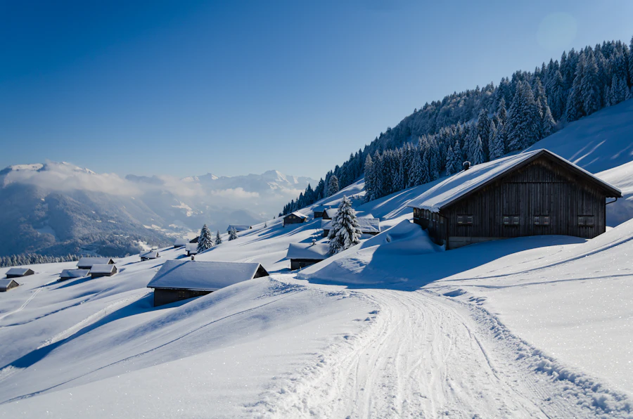 Wooden chalet exterior in snow