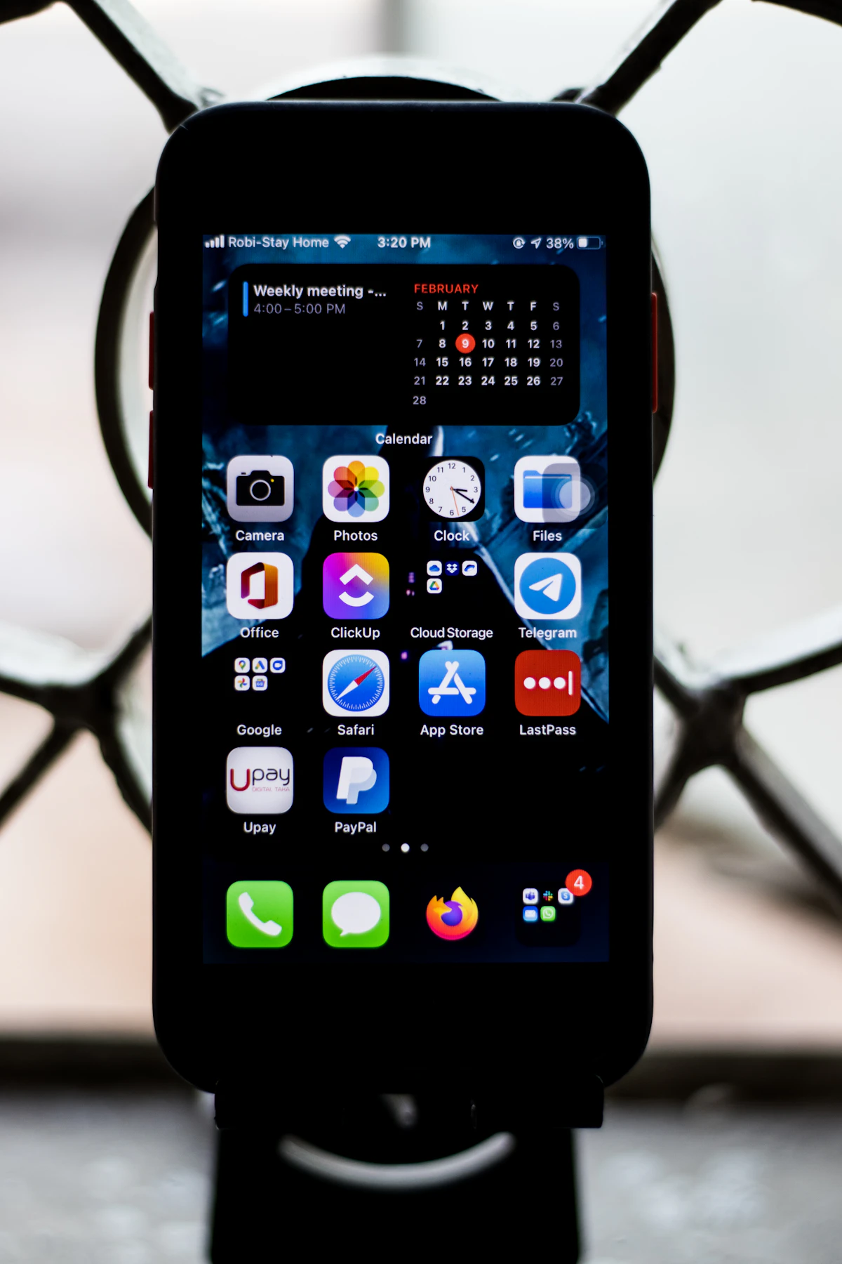 Samsung Galaxy smartphone in black with large display showing home screen