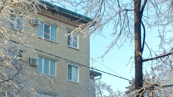 An apartment building with a brick facade is visible amid a wintry scene. Frost-covered branches from nearby trees frame the building, and the sky is clear and blue.