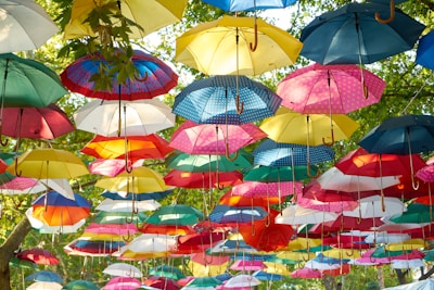 Multiple colorful umbrellas are suspended in the air, creating a canopy against a backdrop of greenery from trees. The umbrellas are of different colors and patterns, including polka dots and solid shades.