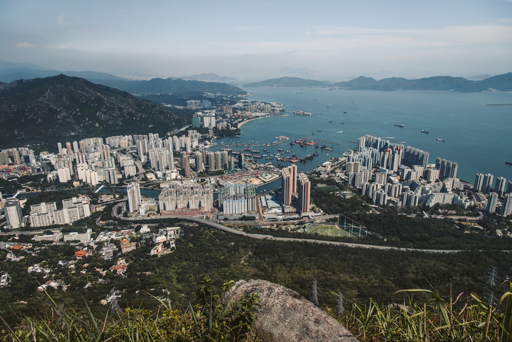 aerial view of city buildings near body of water during daytime