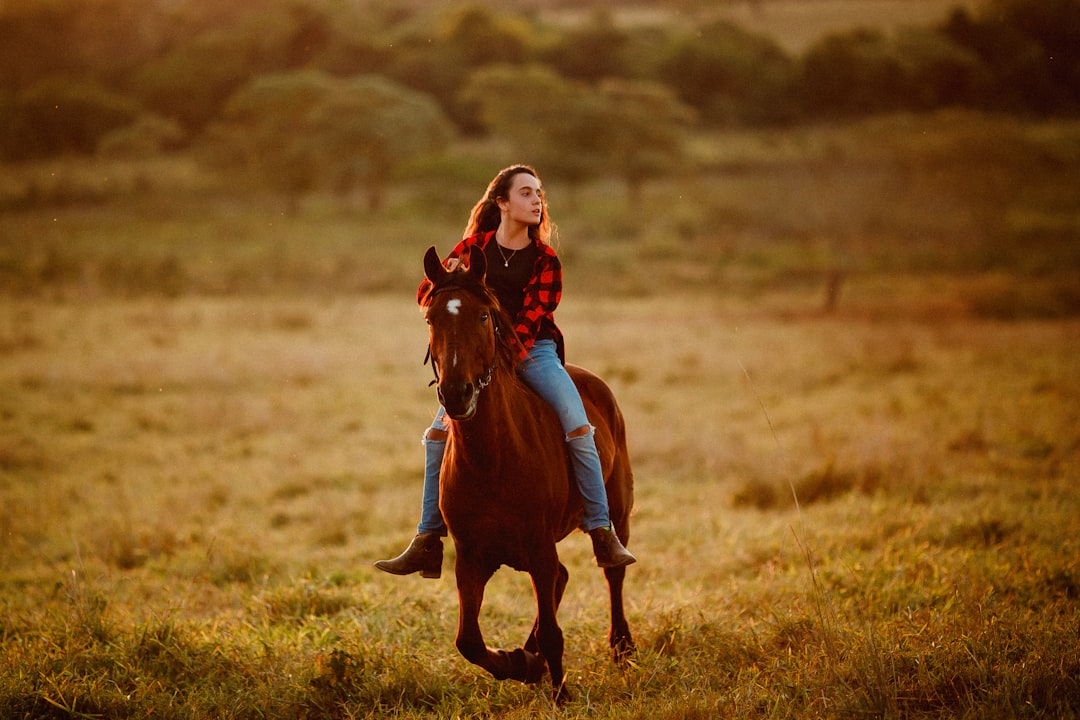 girl in red long sleeve shirt riding brown horse on brown grass field during daytime