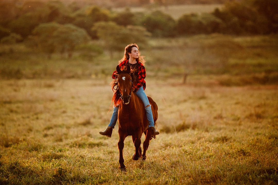 girl in red jacket and brown pants riding brown horse on green grass field during daytime