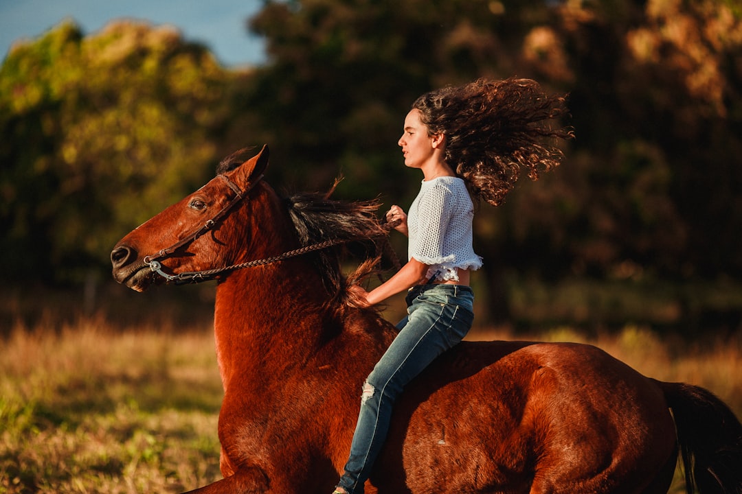 girl in white long sleeve shirt riding brown horse during daytime