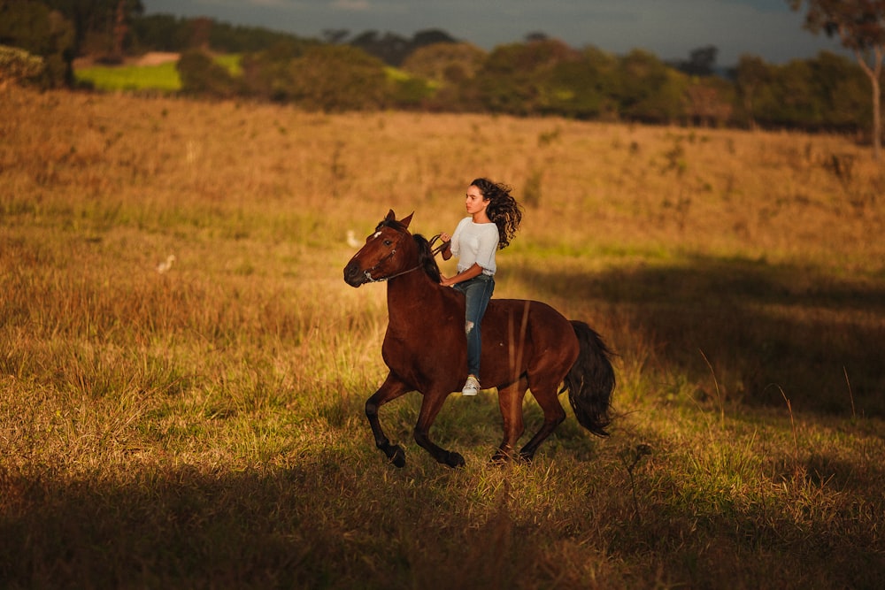woman in blue denim jacket riding brown horse on green grass field during daytime