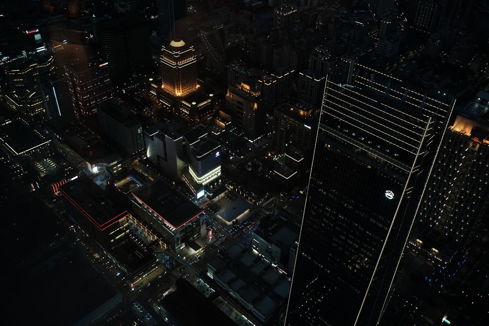 aerial view of city buildings during night time