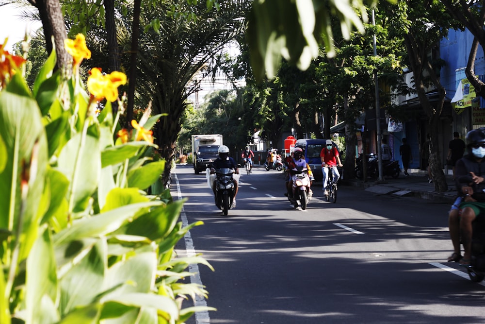 昼間、バイクで道路を走る人々