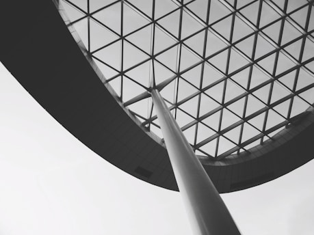 A modern architectural structure features a large, curved steel beam supporting an expansive glass ceiling with a geometric grid pattern. The image is in black and white, emphasizing the contrast between the linear elements and the open sky beyond.