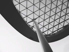 A modern architectural structure features a large, curved steel beam supporting an expansive glass ceiling with a geometric grid pattern. The image is in black and white, emphasizing the contrast between the linear elements and the open sky beyond.