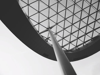 A modern architectural structure features a large, curved steel beam supporting an expansive glass ceiling with a geometric grid pattern. The image is in black and white, emphasizing the contrast between the linear elements and the open sky beyond.