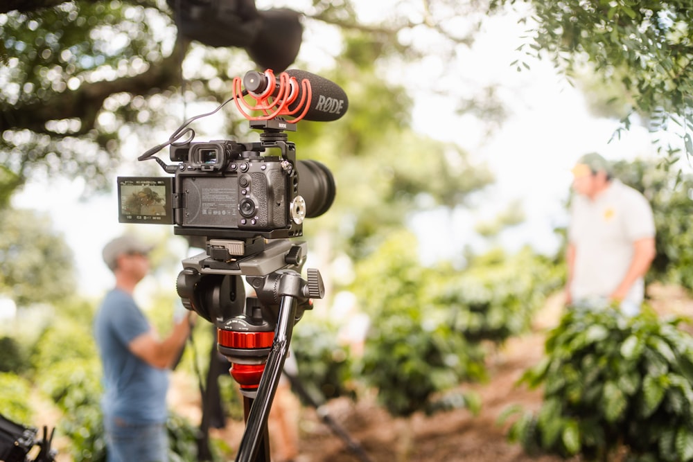 Cámara DSLR negra en trípode