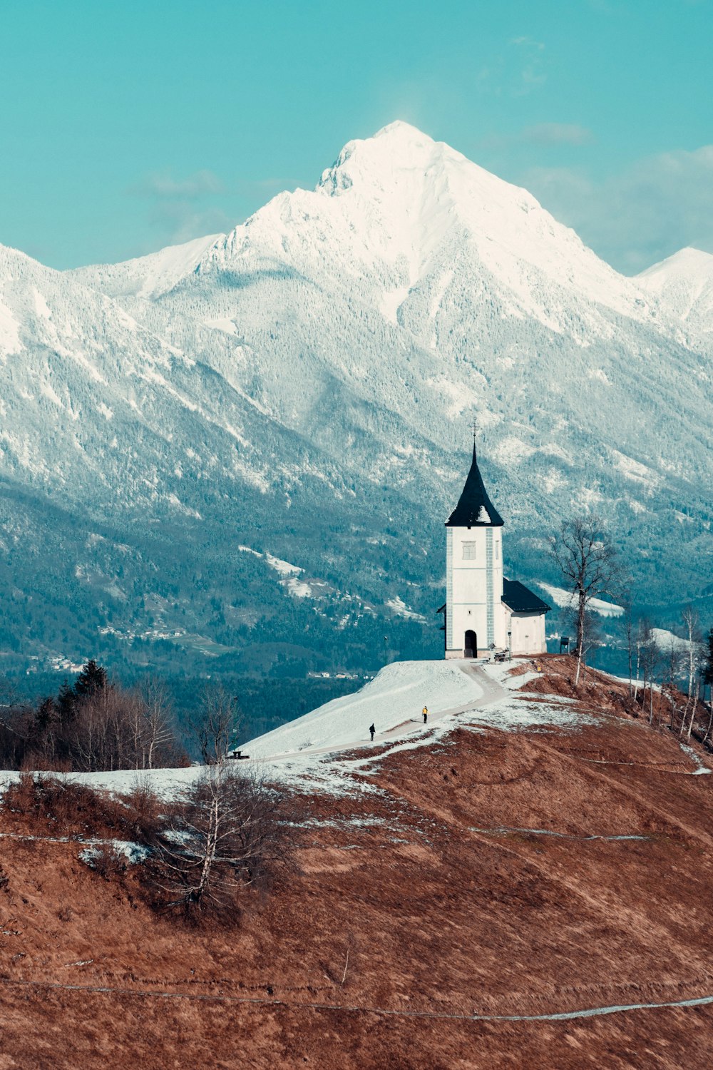 Bâtiment en béton blanc et noir près des arbres bruns et de la montagne pendant la journée