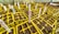 A series of yellow seed trays filled with soil are arranged in a greenhouse setting. Each tray is divided into several compartments, and white labels with red and blue writing are inserted into each tray, indicating different plant types or experiments. The setting appears organized and suggests preparation for planting or seed germination.