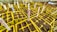 A series of yellow seed trays filled with soil are arranged in a greenhouse setting. Each tray is divided into several compartments, and white labels with red and blue writing are inserted into each tray, indicating different plant types or experiments. The setting appears organized and suggests preparation for planting or seed germination.