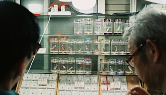 Two people are looking at a display of glass jars containing various insects in a shop setting. The shelves are filled with neatly arranged jars, each containing a preserved insect specimen, and there are cards with descriptions or prices placed underneath. The lighting is soft, and the overall atmosphere feels curious and educational.