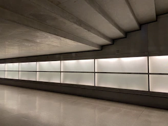 A sleek underground safe room with reinforced steel doors and matte charcoal walls illuminated by soft gold lighting.