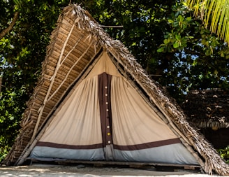 A rustic triangular hut made from natural materials with a thatched roof. The doorway is covered with a fabric curtain, while the surrounding environment includes lush green foliage and tropical trees.