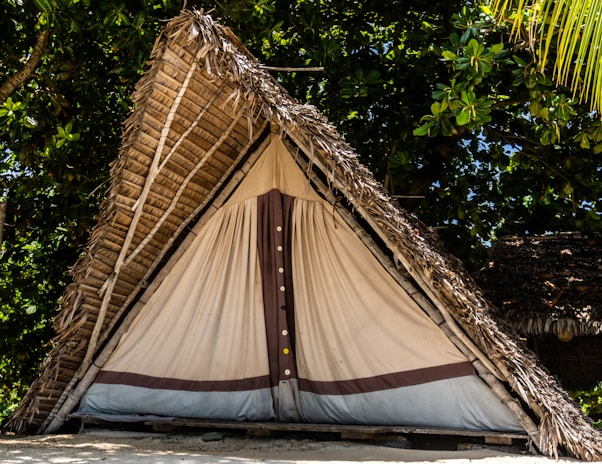 A rustic triangular hut made from natural materials with a thatched roof. The doorway is covered with a fabric curtain, while the surrounding environment includes lush green foliage and tropical trees.