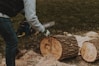 person in gray pants and white socks holding brown wooden log