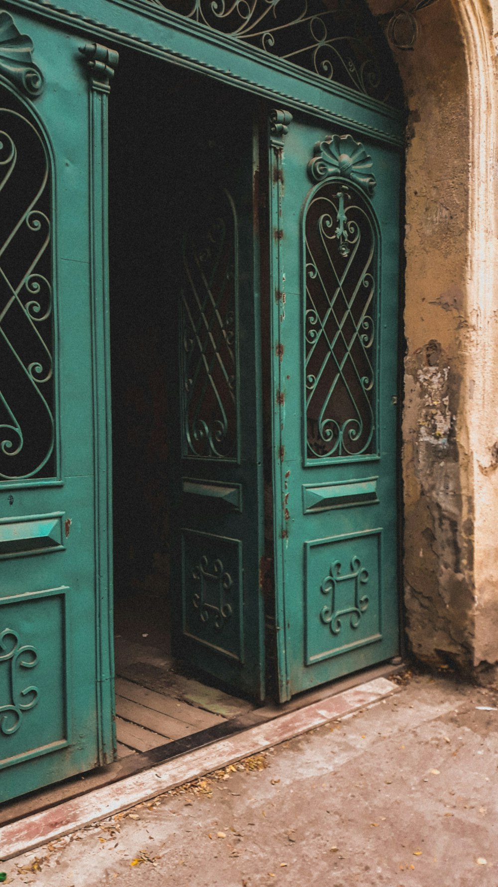 puerta de madera verde con puerta de acero negro
