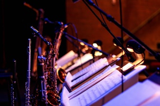 brass saxophone on white music stand