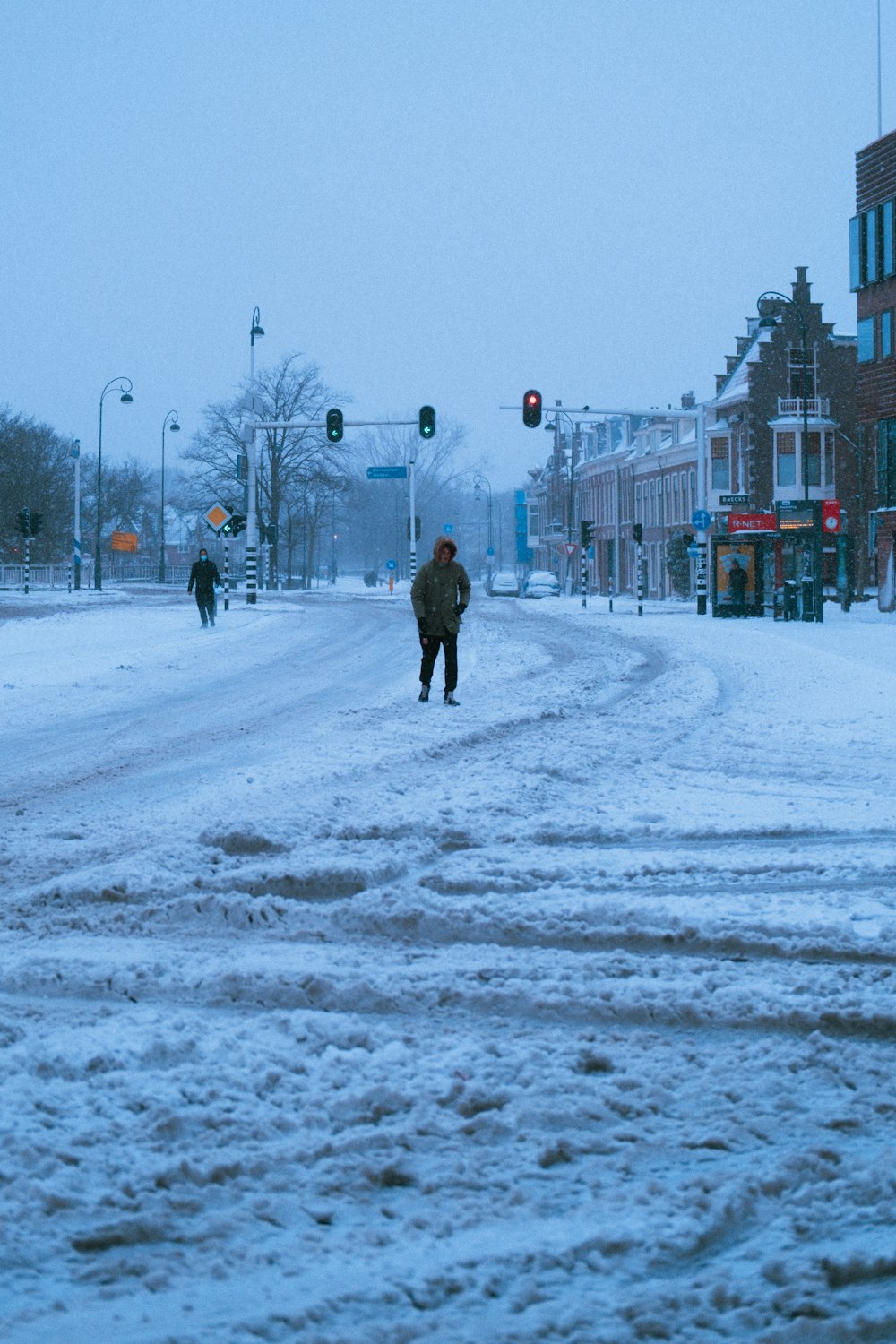 Persona in cappotto nero che cammina sulla strada innevata durante il giorno