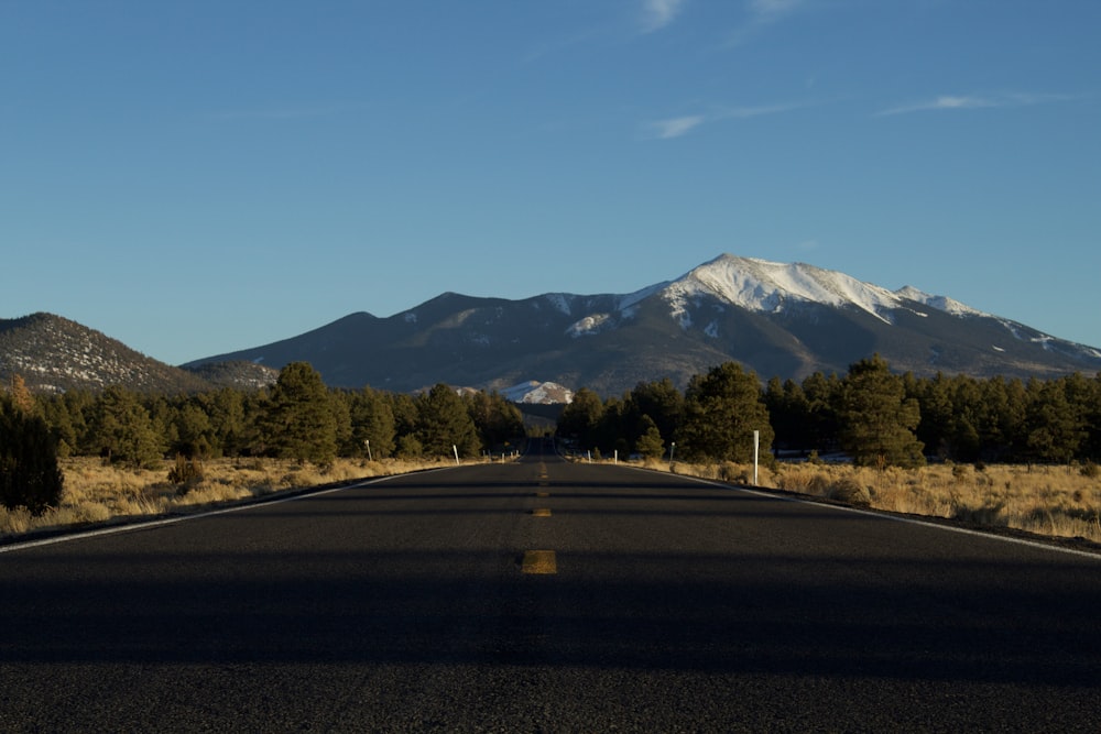 gray concrete road near green trees and mountain under blue sky during daytime