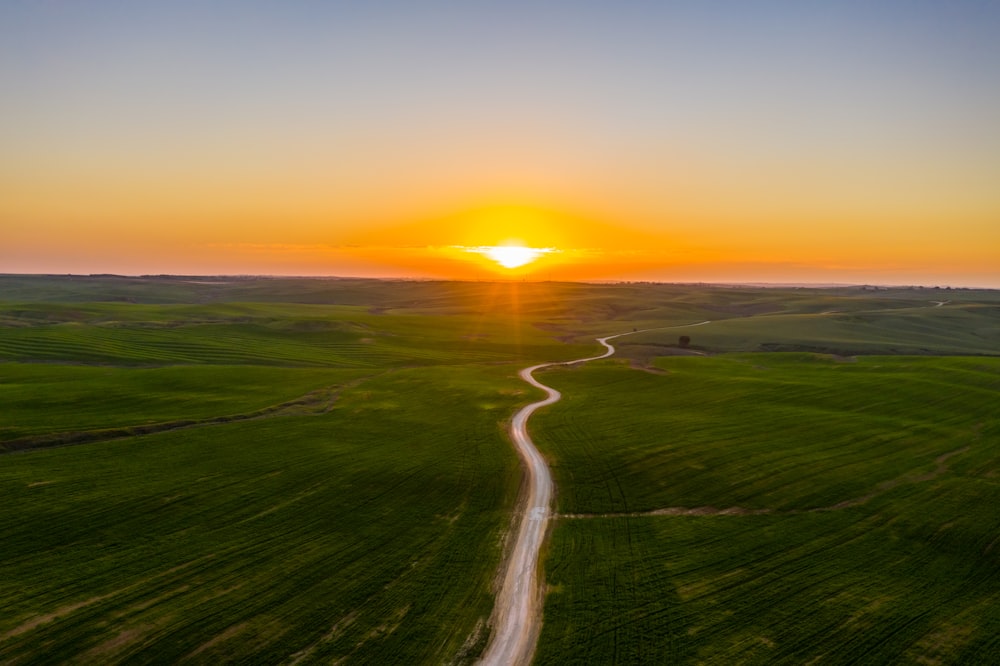 green grass field during sunset