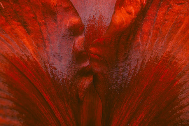 Close-up of a vibrant red lino cut print featuring intricate floral patterns.