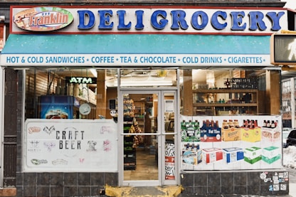 blue and white store signage