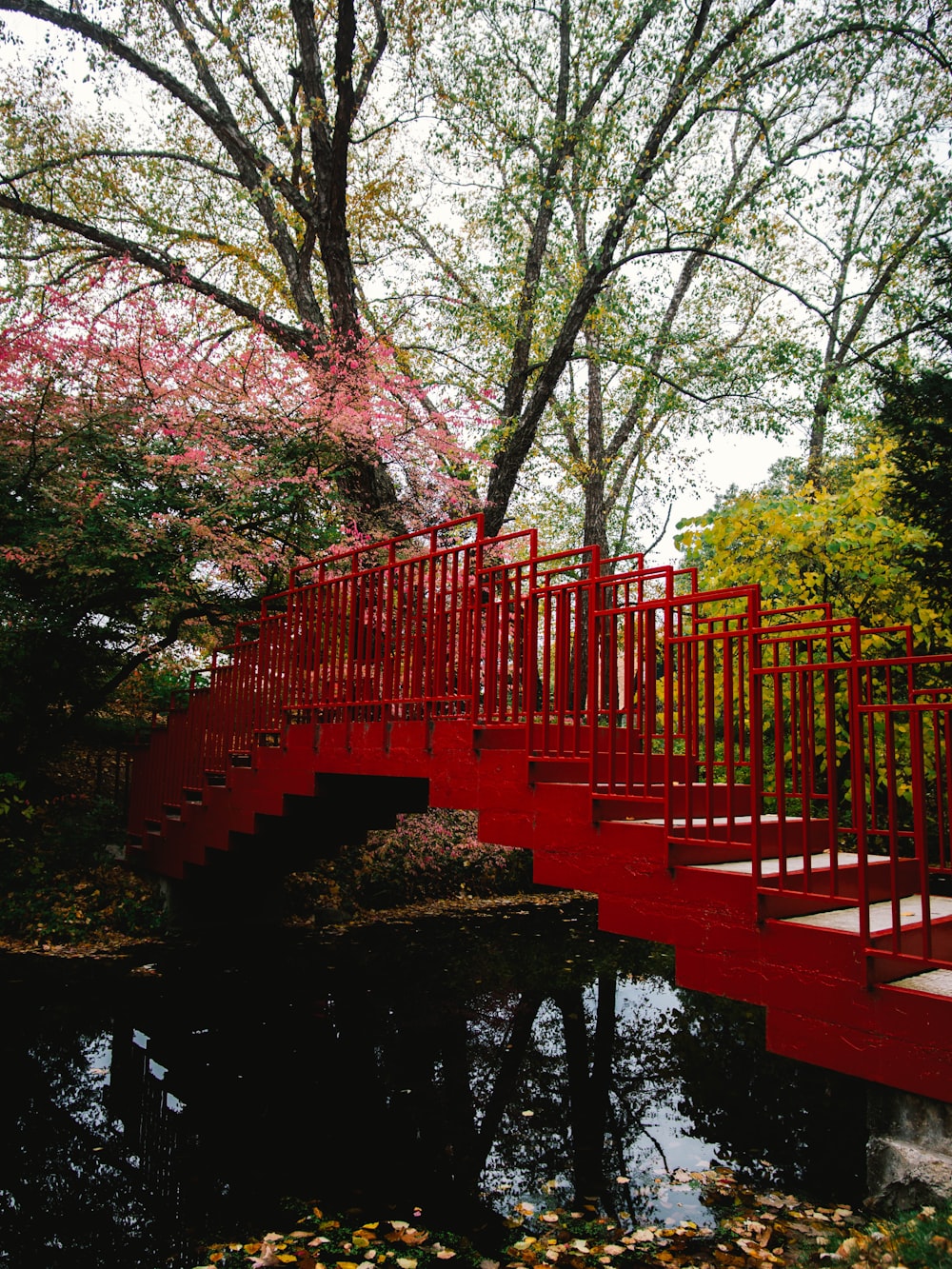 Rote Brücke über den Fluss, umgeben von Bäumen