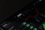 A digital stock trading interface with the focus on AMC Entertainment Holdings, Inc. The screen displays various financial data including stock prices, volume, and market cap. A red line graph shows stock performance over time and several buttons allow for different time frame selections like 1W, 1M, and 1Y. Various stock metrics appear in rows and columns.