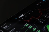A digital stock trading interface with the focus on AMC Entertainment Holdings, Inc. The screen displays various financial data including stock prices, volume, and market cap. A red line graph shows stock performance over time and several buttons allow for different time frame selections like 1W, 1M, and 1Y. Various stock metrics appear in rows and columns.