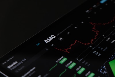 A digital stock trading interface with the focus on AMC Entertainment Holdings, Inc. The screen displays various financial data including stock prices, volume, and market cap. A red line graph shows stock performance over time and several buttons allow for different time frame selections like 1W, 1M, and 1Y. Various stock metrics appear in rows and columns.