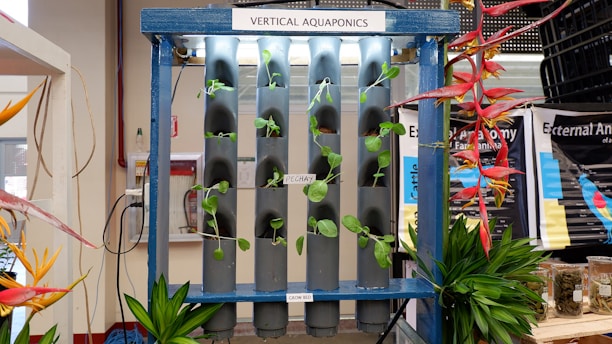 A vertical aquaponics system with several green plants growing in cylindrical grey tubes, supported by a blue frame. The setup is labeled with signs like 'PECHAY' and 'GROW BED.' Various colorful flowers and green foliage are visible around the structure, with a background of informational posters.