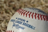 A close-up view of an official Minor League Baseball lying on a textured surface. The ball features red stitching and blue printed text, including a signature. The background is slightly blurred, creating a focus on the baseball.