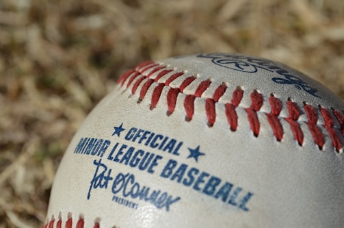 A close-up view of an official Minor League Baseball lying on a textured surface. The ball features red stitching and blue printed text, including a signature. The background is slightly blurred, creating a focus on the baseball.