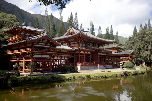 Scenic view of a traditional Japanese inn surrounded by nature.