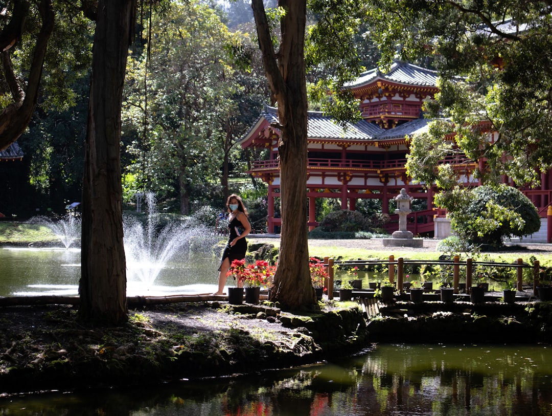 woman in red dress standing near water fountain, A woman walking in garden of the Byodo-In Temple