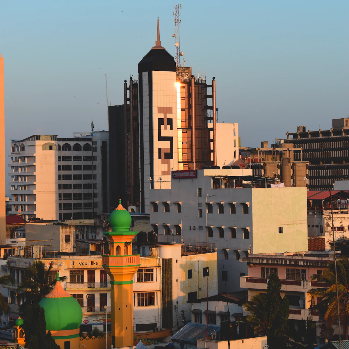 Sunset light on the buildings and rooftops of Mombasa, Kenya
