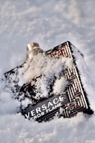 A perfume bottle partially covered in snow, with distinct branding and an intricate design. It is lying on a snowy surface, with some snowflakes clinging to its surface.