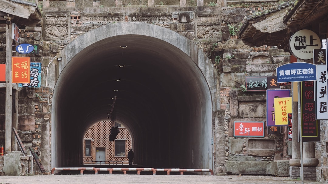 brown brick tunnel with red and white signage