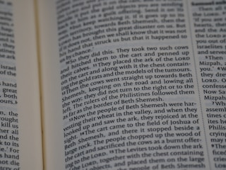 A close-up of a page from a book with text arranged in columns. The text is in English and appears to be from a religious or historical book, possibly a Bible or similar scripture.