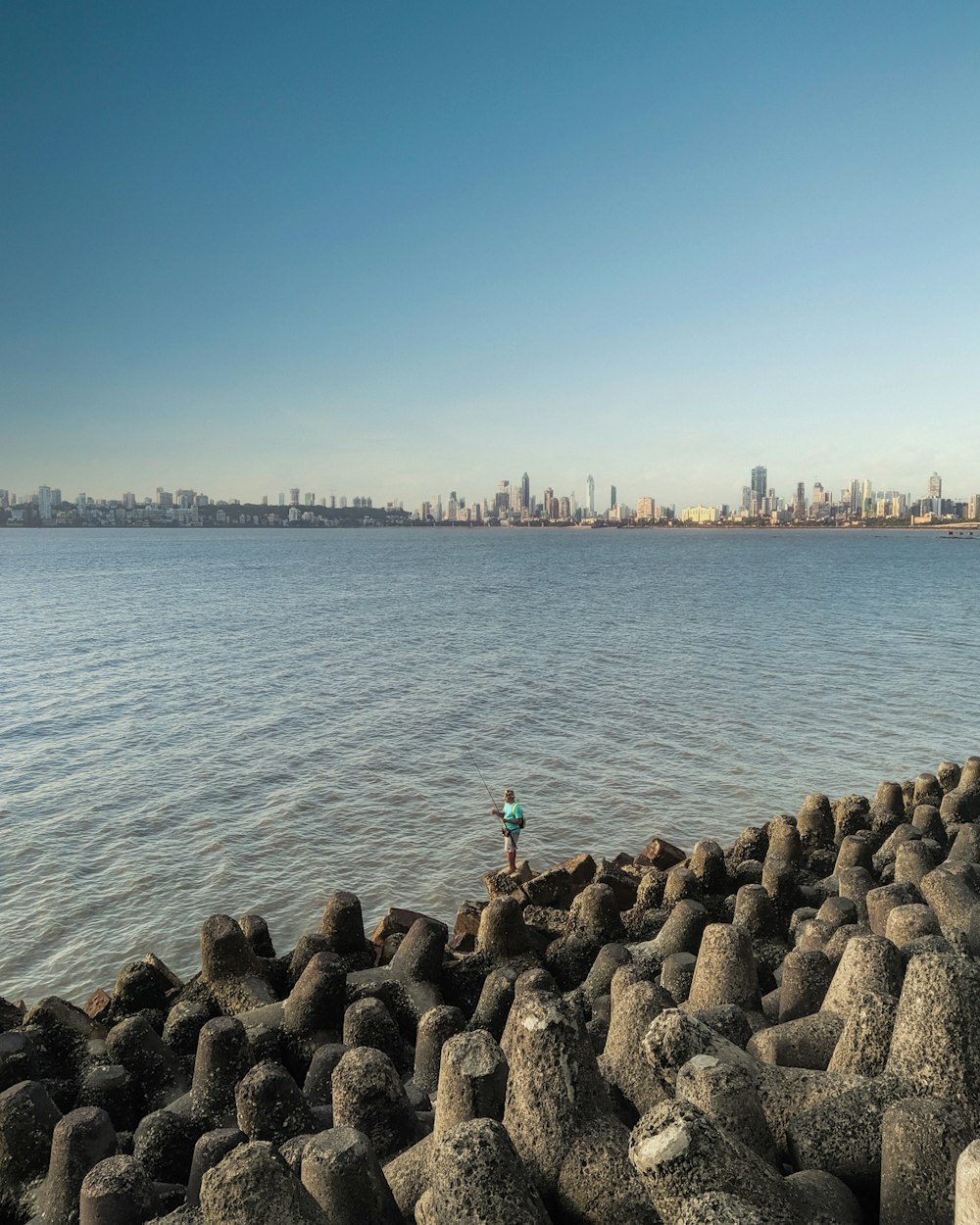 person in green shirt standing on rock formation near body of water during daytime