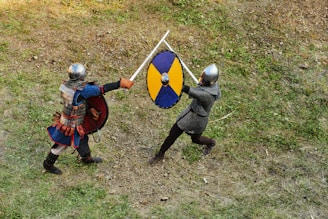 person in blue and red long sleeve shirt and black pants holding blue and black shield